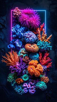 Vibrant colorful coral reef with neon outline