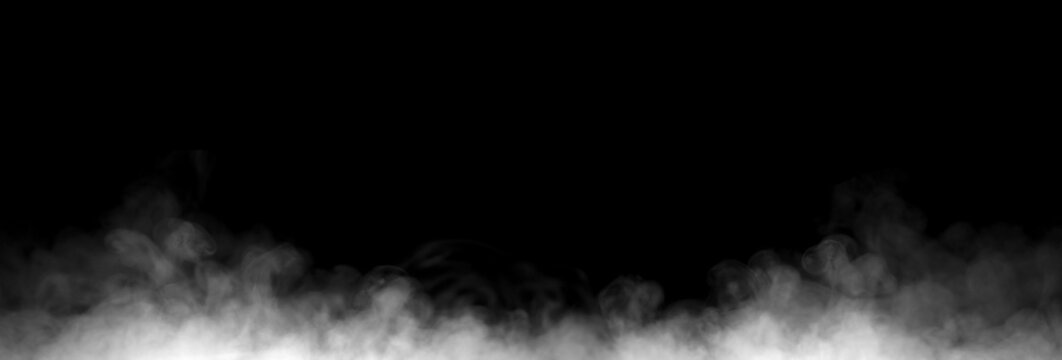 White smoke fog overlay isolated on black background with realistic drifting vapor and soft mist texture. Ideal for cinematic effects, mystery themes, atmospheric design and digital compositing.