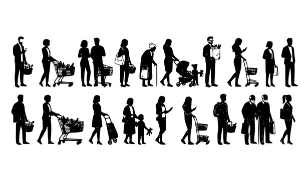 Shopping queue silhouette collection with supermarket customers and grocery cart vectors