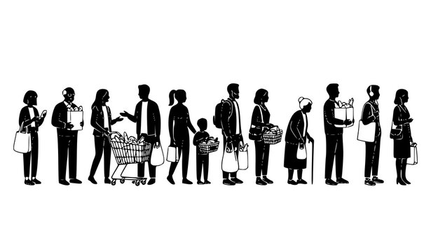 Grocery shopping queue silhouette bundle with customers standing in line vector collection