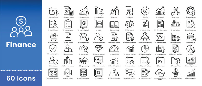 Clean finance icons set with growth charts and currency symbols for business concepts
