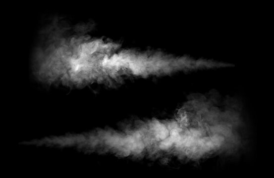 Realistic white smoke jet isolated on black background with dynamic vapor trails and swirling mist texture. Perfect for cinematic visual effects, digital compositing, motion graphics and overlays.