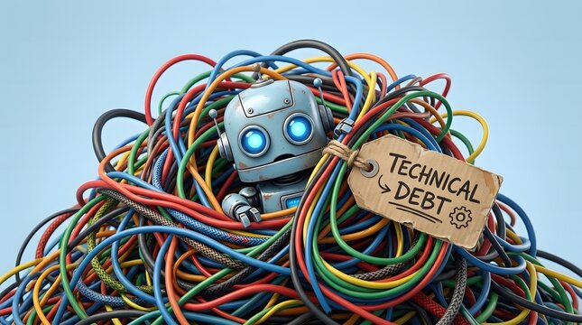 A cute vintage-style robot is buried in a tangled mess of colorful electrical wires, with a "Technical Debt" tag, symbolizing IT complexity and legacy system challenges.