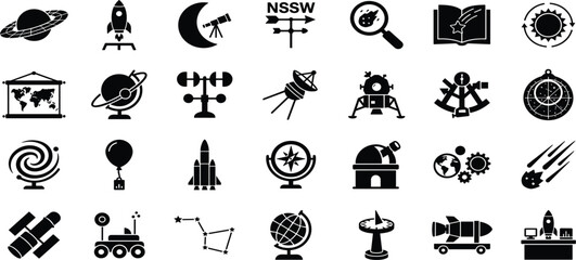 Space Exploration and Astronomy Science Icon Set with Rockets Planets Research Telescopes and Satellite Vector Elements for Astrophysics Digital Graphic Designs © Forida