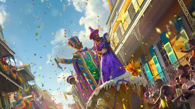 A vibrant Mardi Gras parade in New Orleans, with colorful floats, beads thrown to the crowd, and jazz music playing HD