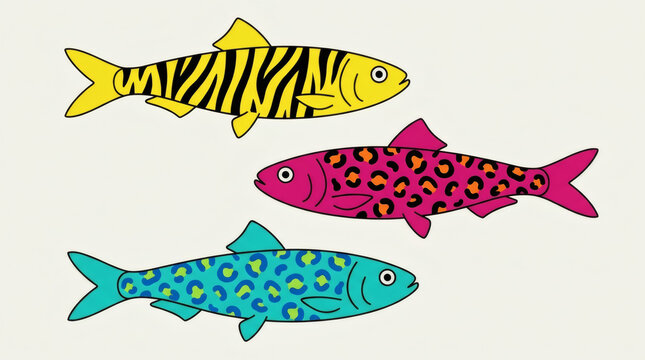 Minimalist fish illustration with zebra leopard and cheetah print