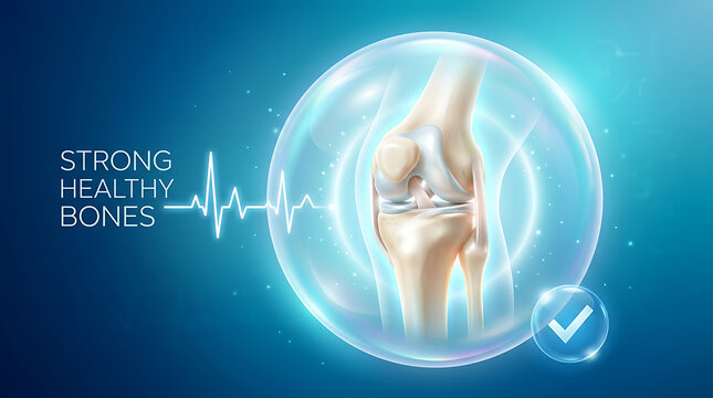 Human knee joint anatomical within protective bubble and heartbeat line bone anatomy