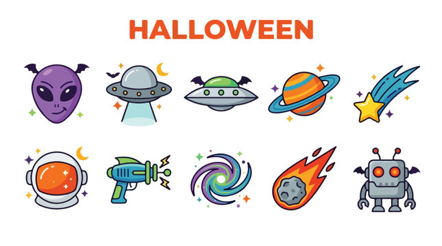 Spooky space alien and astronaut icon set for halloween vector