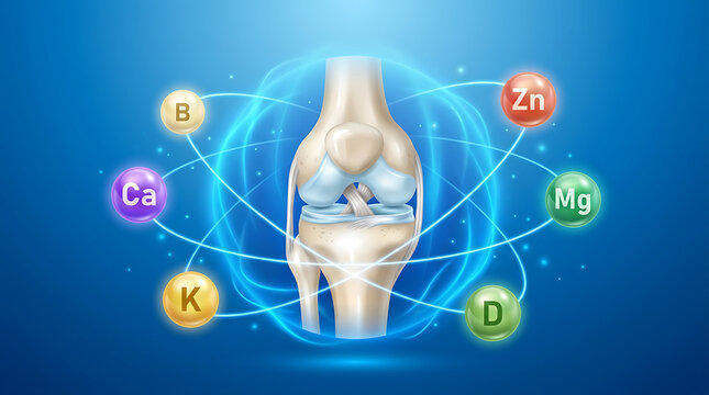 Human knee joint surrounded by essential vitamins and minerals bone cartilage