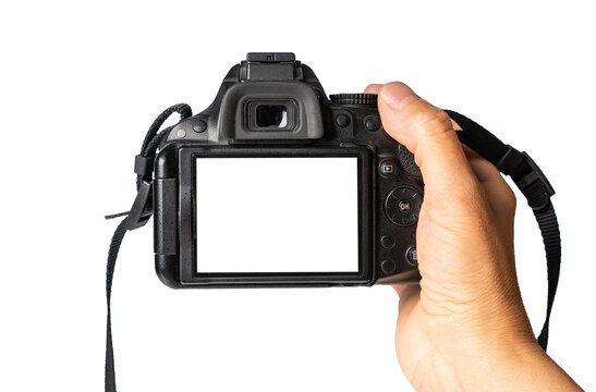 Hand holding a camera with a blank display screen against a white background