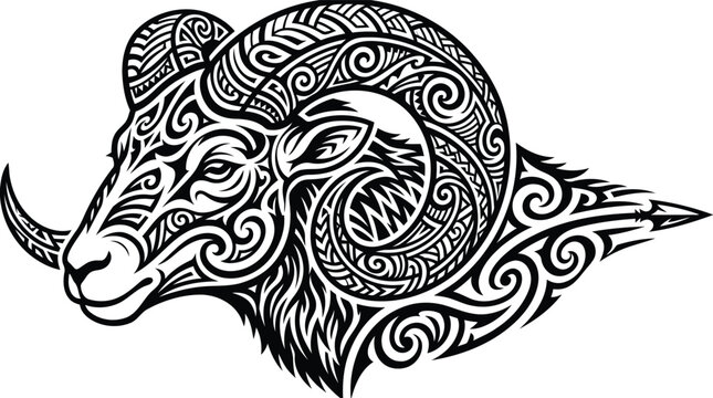 Tribal ram head design with intricate patterns and swirls