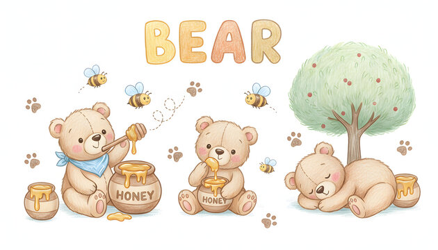 Cute Watercolor Teddy Bears Eating Honey and Sleeping Under a Tree Nursery Wall Art Collection