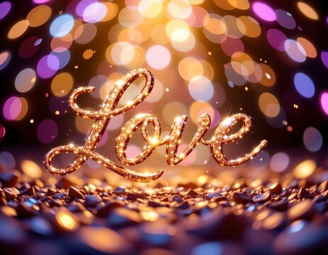 Golden Love Typography with Warm Bokeh Effects