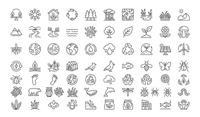 Obraz premium Ecosystem Line Icon Set with Ecology Nature Environment Biodiversity Renewable Energy and Sustainability Editable Stroke Vector Collection