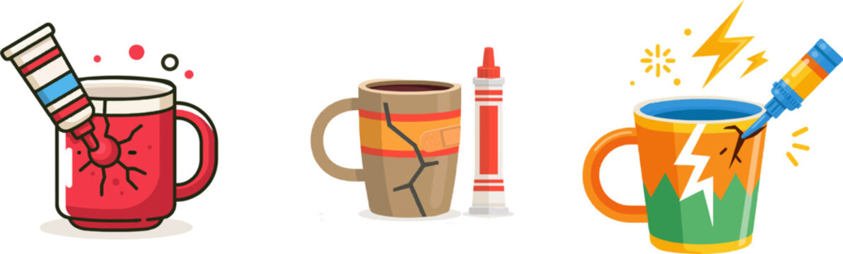 A vibrant flat vector icon depicts a red ceramic mug with a cracked handle being repaired using super glue in an artistic, modern UI style against a clean white background