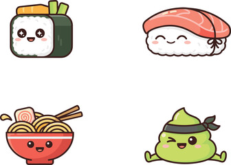 Cute Kawaii Japanese Food Icon Set with Chibi Sushi Roll Nigiri Ramen Noodle Bowl and Wasabi Character Vector Sticker Illustration © Ismail