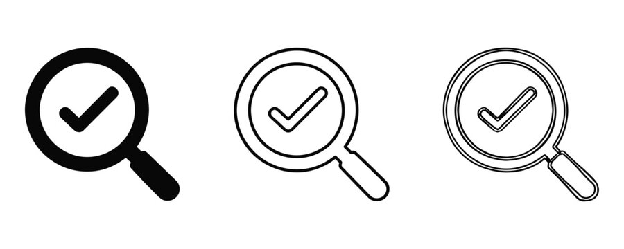 Magnifying glass with Check mark icon for search validation, quality control, and verification symbol set