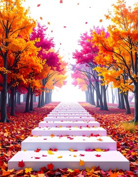 White stairs ascend through vibrant autumn trees