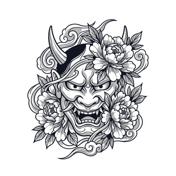 Japanese Hannya mask illustration in black and white line art with peony flowers and stylized clouds isolated on white background, traditional demon face with horns and fangs.