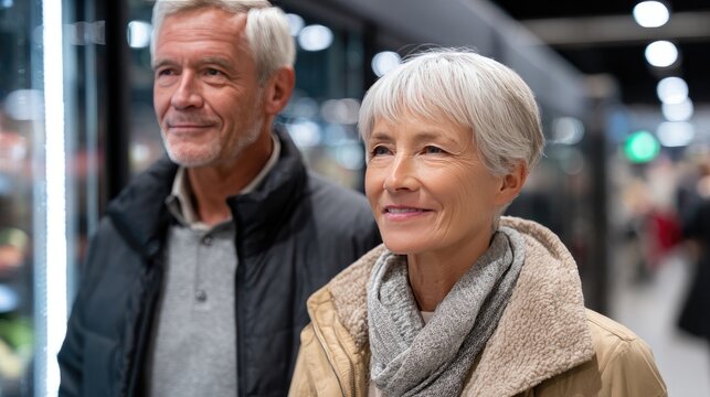 Senior shoppers interact with AI shopping assistant in premium supermarket with holographic navigation for easy shopping experience