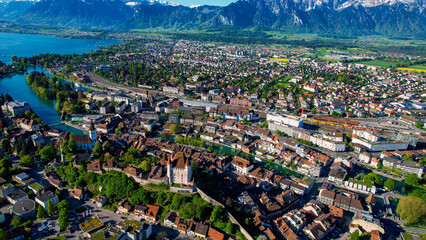 Obraz premium Aerial view around the old town of the city Thun, switzerland on a sunny spring morning