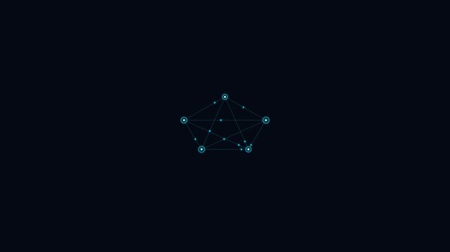 A glowing blue pentagonal digital network structure on a black background