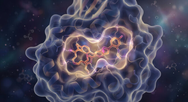  Protein surface and ligand complex highlighting binding interactions and SAR insights.