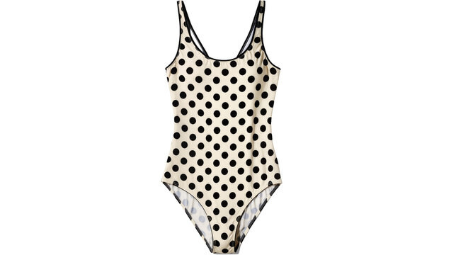 Cream one-piece swimsuit with black polka dots and black trim