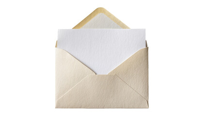 Open beige envelope with white paper inside