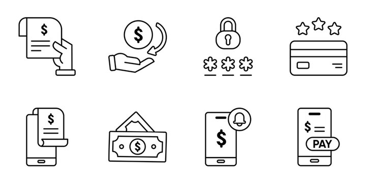 Digital payment icon line set featuring receipt invoice, cashback rewards, secure payment, mobile banking, finance vector illustration