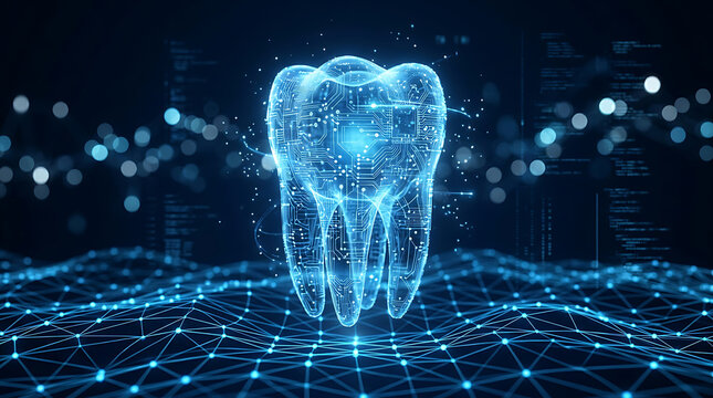 Glowing blue digital tooth with circuit board patterns and data grid dental technology