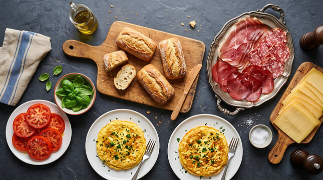 A lavish flat lay spread of gourmet appetizers including spanish tortilla omelets sliced tomatoes cold cut meats cheese fresh bread rolls with appetizers