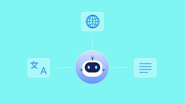 Modern flat vector animation of an AI language translation workflow connecting multilingual communication, global access, and document processing through a virtual assistant. Ideal for artificial inte