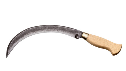 Curved metal sickle with wooden handle and brass ferrule © Laura