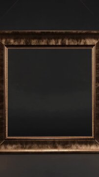 Vertical video: Rotating bronze frame during orbit revealing matte panel and gold trim in dark set