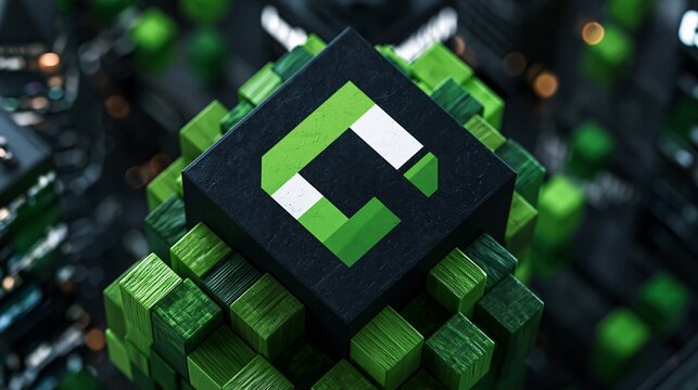 A close-up view of a green and black microchip with a white logo on top