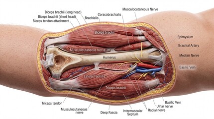 Naklejka premium Arm anatomy muscle nerve vein artery humerus biceps brachii triceps brachii cross section medical illustration educational detailed anatomical diagram showing structure of human arm with labeled