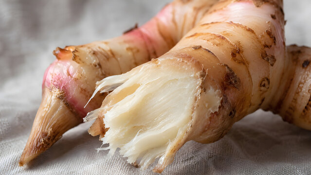 Close up of raw galangal root showing its fibrous texture