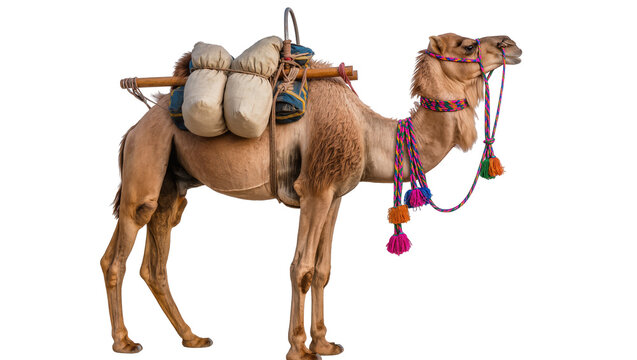 Dromedary camel with saddlebags and colorful tassels