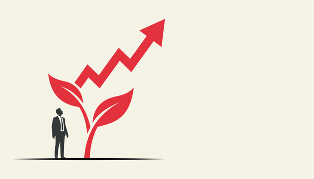 Minimalist business growth concept with businessman looking up at growing red plant and rising arrow representing success and progress