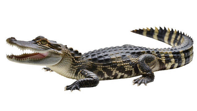 Young alligator with open mouth and sharp teeth