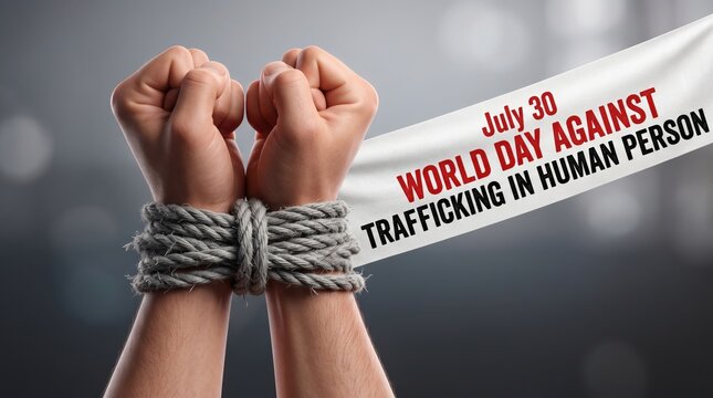 Clenched human fists tied together with thick grey rope against a dark background with a white banner displaying text about day against trafficking in persons on july 30