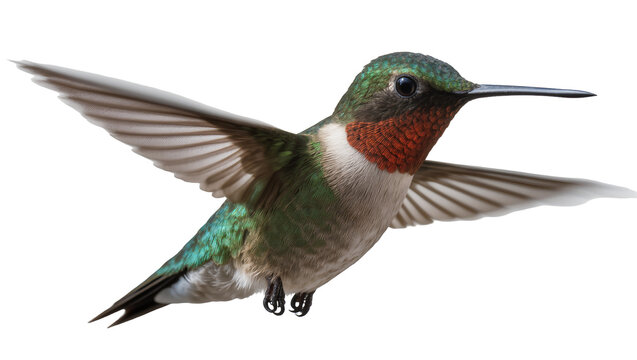 Ruby-throated hummingbird in flight with wings spread