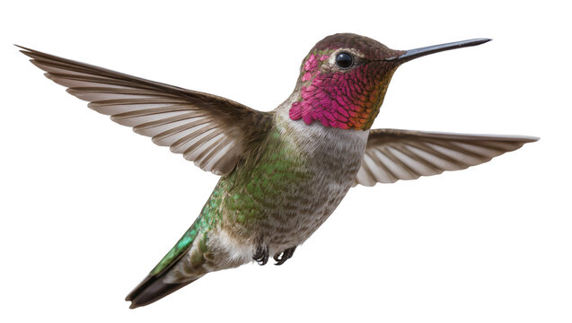 Anna s Hummingbird with iridescent pink gorget and green body in flight