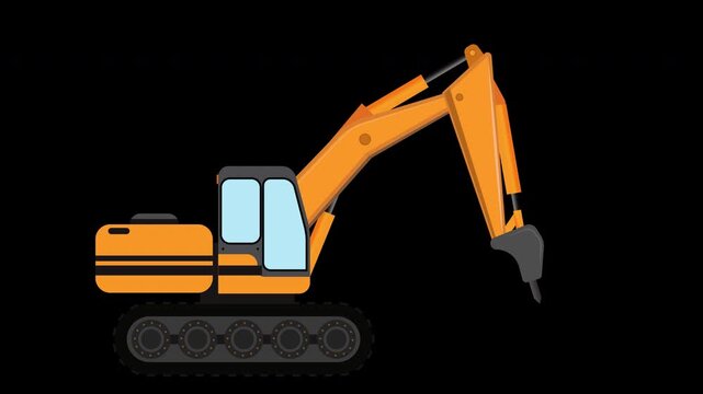 Bright orange excavator stands on black background. Its arm extends upward, holding a sharp bucket. Cabin window glows light blue against bold color. Tracks are detailed, showing sturdy, rugged design