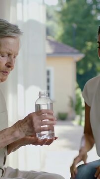 Vertical video: Offering carer in white aiding senior drinking at window, returning bottle for care