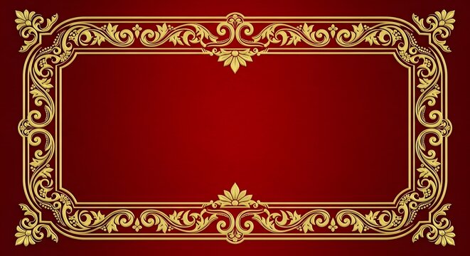 Ornate golden vintage frame with floral filigree on red background for luxury invitations