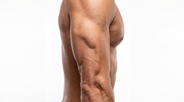 Muscular male arm with defined triceps muscle in full extension, healthy skin tone, isolated on white background, showcasing strength and fitness