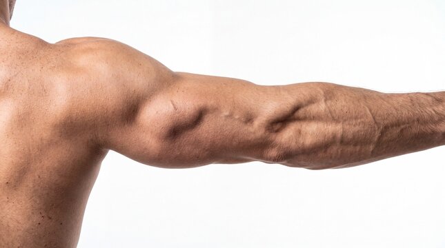 Muscular male arm extended showing healthy triceps muscle definition, skin texture, and strength on white background, fitness and anatomy concept