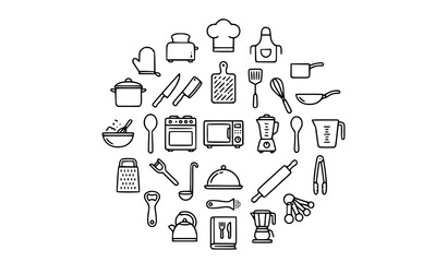 Obraz premium Cooking Utensils and Kitchen Equipment Line Icons with Editable Stroke Vector Set
